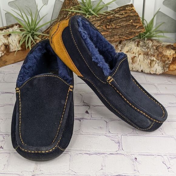 UGG Mens ASCOT Suede Shearling Lined Moccasin Slippers Blue/Yellow - Picture 1 of 13